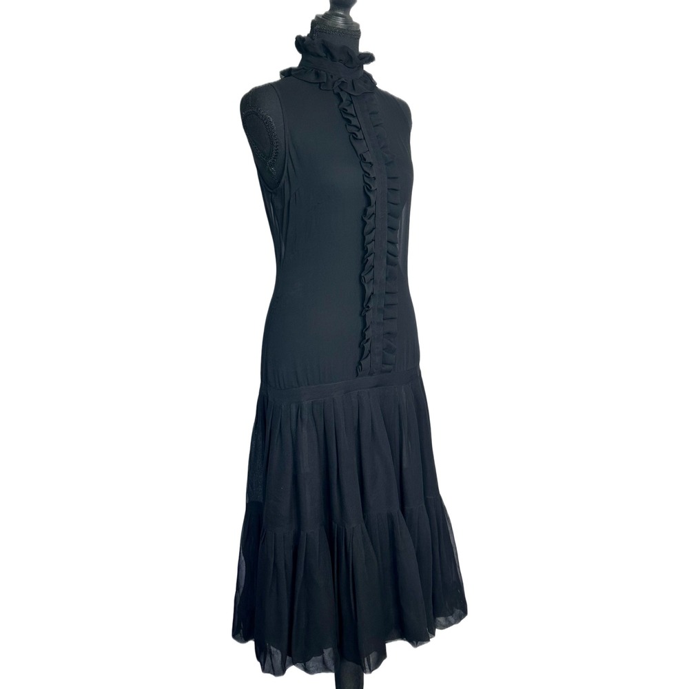 VINTAGE Tracy Reese Black 100% Silk Ruffle High Neck Drop Waist Tier Midi Dress